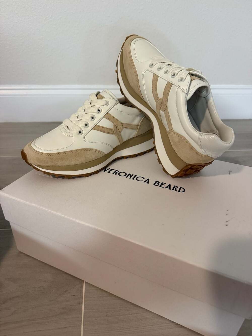 Veronica Beard Valentina Leather and Suede Sneaker in Coconut ecru